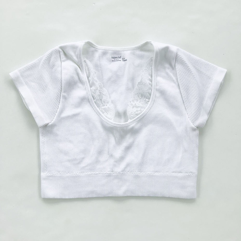 aerie White Ribbed Scoop Lace-Trim Cropped Top